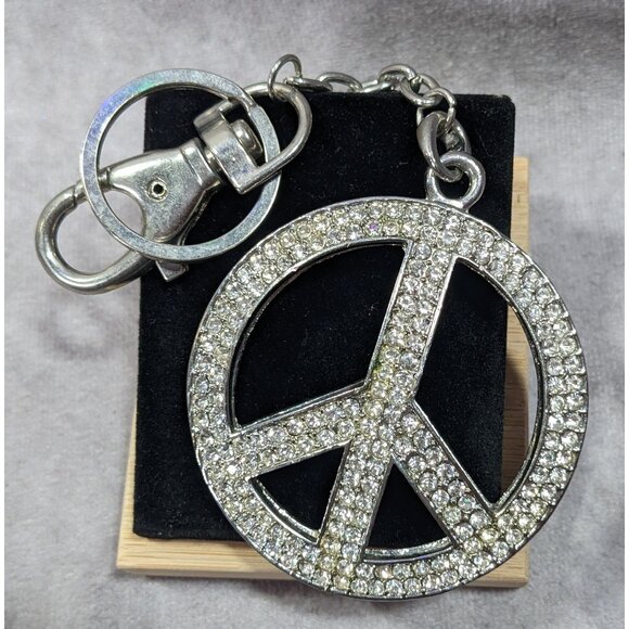 Hippie Glam Rhinestone Peace Sign Large Heavy Silver Tone Puffed Keychain - Picture 3 of 4
